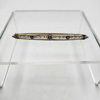 14k Gold & Blue Sapphire Antique Bar Pin 3.9gr