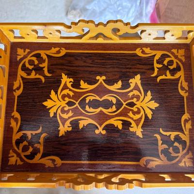 European Inlaid Wood Trays with White Metal Clam Tray