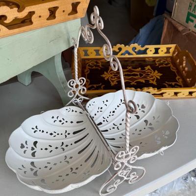 European Inlaid Wood Trays with White Metal Clam Tray