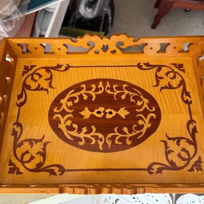 European Inlaid Wood Trays with White Metal Clam Tray