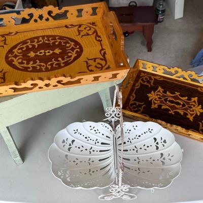 European Inlaid Wood Trays with White Metal Clam Tray