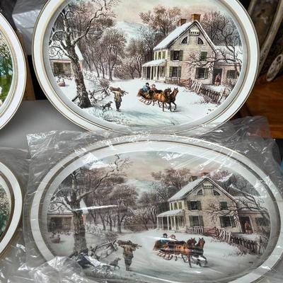 Vintage Currier and Ives Oval Tin Trays- 6 of each design (12 total)