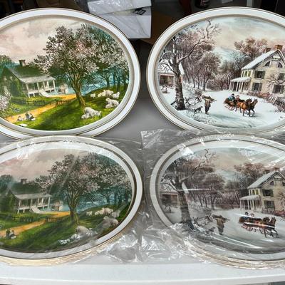 Vintage Currier and Ives Oval Tin Trays- 6 of each design (12 total)