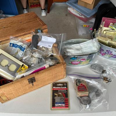 Wood Box w/ Assorted Drawer Pulls, Outlet Covers, etc.