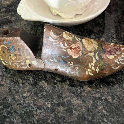 Hand Painted Wooden Shoe Stretcher, Floral Cat, and Decorative Water Pitcher Set