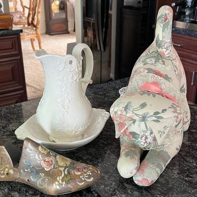 Hand Painted Wooden Shoe Stretcher, Floral Cat, and Decorative Water Pitcher Set