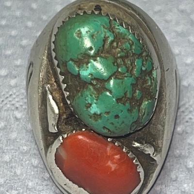 Large Indian Turquoise & Red Coral Silver Ring