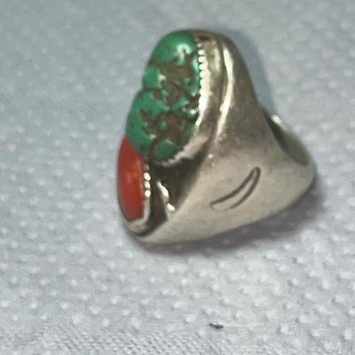 Large Indian Turquoise & Red Coral Silver Ring