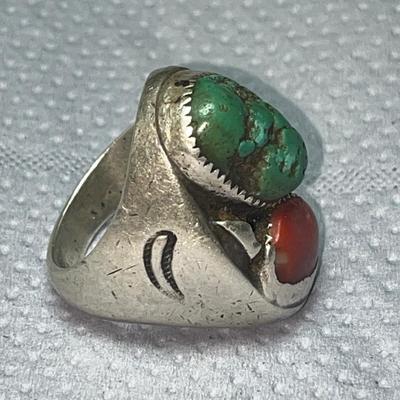 Large Indian Turquoise & Red Coral Silver Ring