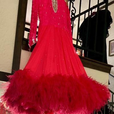 Vintage dancing dress has feather trim on bottom, very nice