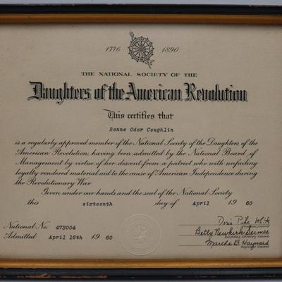 Framed Daughters of the American Revolution Certificate