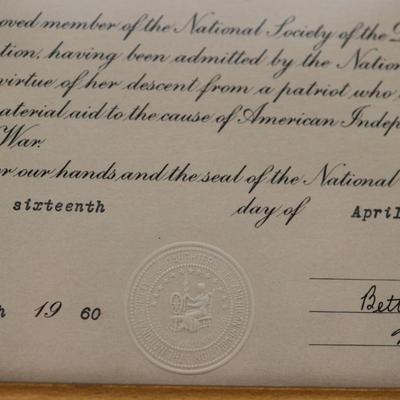 Framed Daughters of the American Revolution Certificate