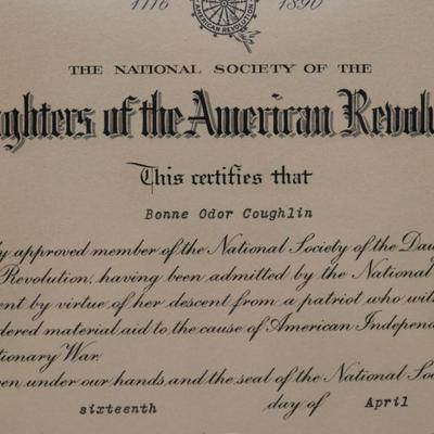 Framed Daughters of the American Revolution Certificate