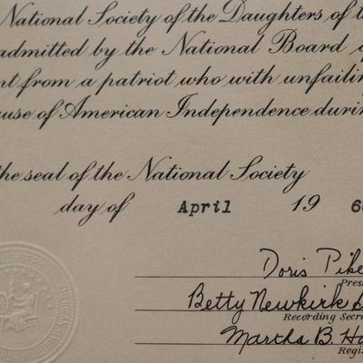 Framed Daughters of the American Revolution Certificate