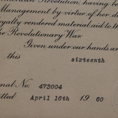 Framed Daughters of the American Revolution Certificate