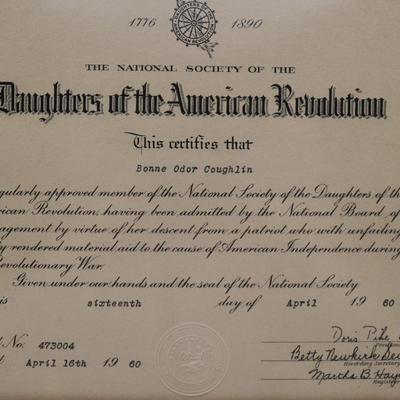 Framed Daughters of the American Revolution Certificate
