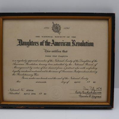 Framed Daughters of the American Revolution Certificate