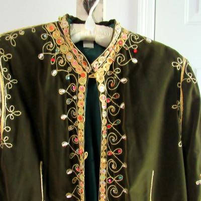 Vintage Chinese Long Velvet Over Jacket/Coat, Heavily Beaded, Lined, Brocade Trim
