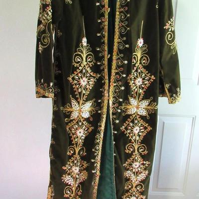 Vintage Chinese Long Velvet Over Jacket/Coat, Heavily Beaded, Lined, Brocade Trim