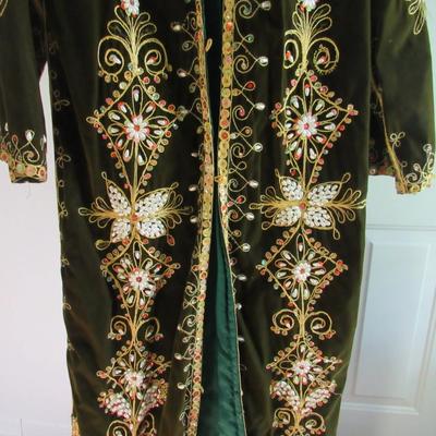 Vintage Chinese Long Velvet Over Jacket/Coat, Heavily Beaded, Lined, Brocade Trim
