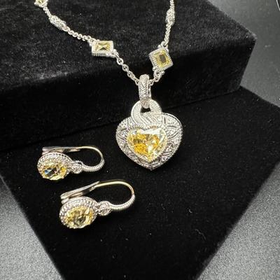 Judith Ripka Heart Necklace and Earrings 14K 925