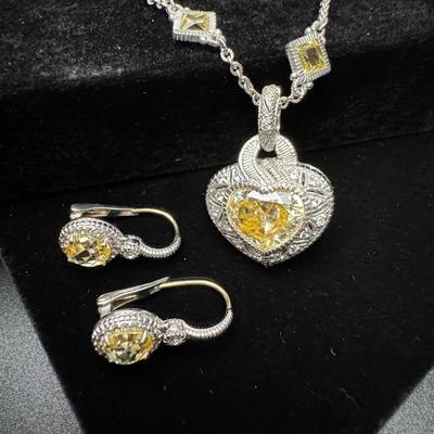Judith Ripka Heart Necklace and Earrings 14K 925