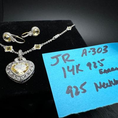 Judith Ripka Heart Necklace and Earrings 14K 925