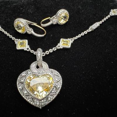 Judith Ripka Heart Necklace and Earrings 14K 925