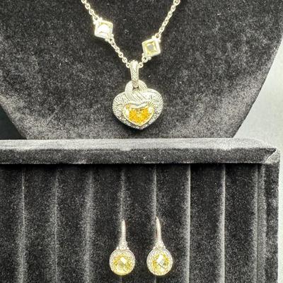 Judith Ripka Heart Necklace and Earrings 14K 925