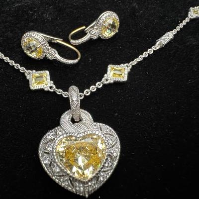 Judith Ripka Heart Necklace and Earrings 14K 925