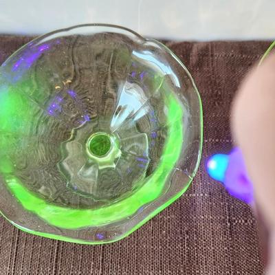 Lot #22 Lot of 2 Vintage Vaseline Uranium Glass Sherbets - they glow!