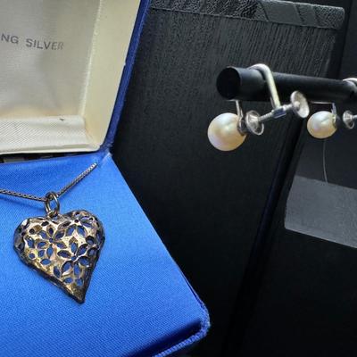 Sterling Silver Heart Necklace and Sterling Pearl Earrings