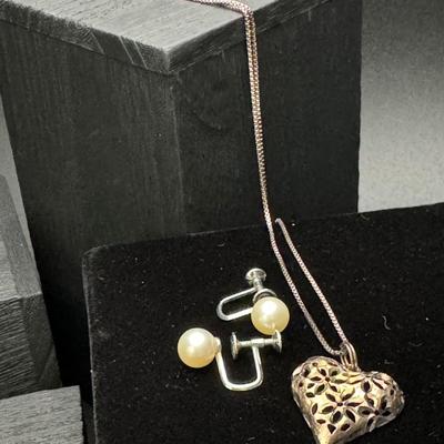 Sterling Silver Heart Necklace and Sterling Pearl Earrings