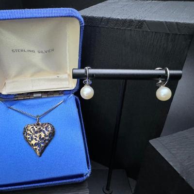 Sterling Silver Heart Necklace and Sterling Pearl Earrings