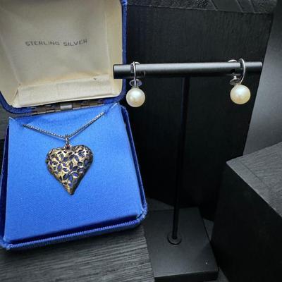 Sterling Silver Heart Necklace and Sterling Pearl Earrings