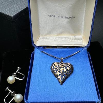 Sterling Silver Heart Necklace and Sterling Pearl Earrings