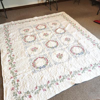 Lot #30 Hand Stitched Comforter - Floral Wreath Design - Blue/Pink/Green