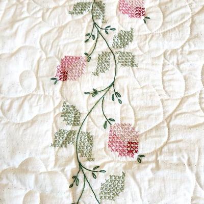 Lot #30 Hand Stitched Comforter - Floral Wreath Design - Blue/Pink/Green
