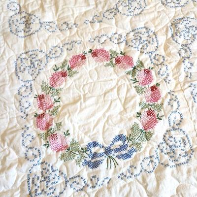 Lot #30 Hand Stitched Comforter - Floral Wreath Design - Blue/Pink/Green