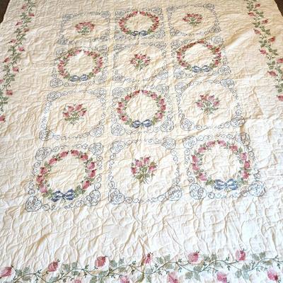 Lot #30 Hand Stitched Comforter - Floral Wreath Design - Blue/Pink/Green