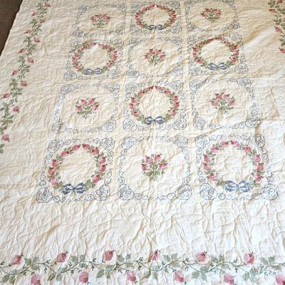 Lot #30 Hand Stitched Comforter - Floral Wreath Design - Blue/Pink/Green