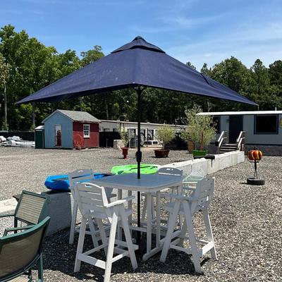 Lot# 191 White High Top Poly-Wood Table with Four High Top Chairs &. Umbrella