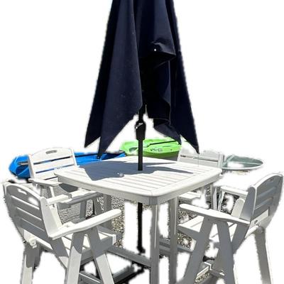 Lot# 191 White High Top Poly-Wood Table with Four High Top Chairs &. Umbrella