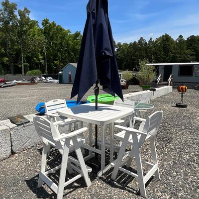 Lot# 191 White High Top Poly-Wood Table with Four High Top Chairs &. Umbrella