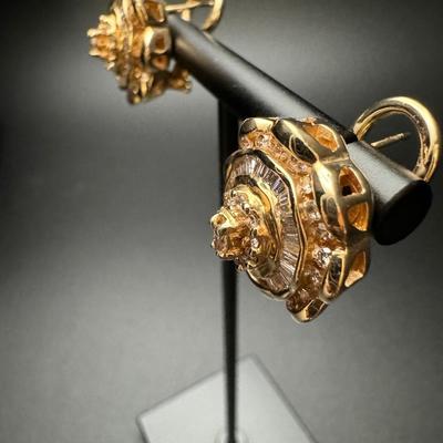 14K Gold Baguette & Round Diamond Earrings - Heavy