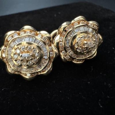 14K Gold Baguette & Round Diamond Earrings - Heavy
