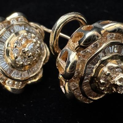 14K Gold Baguette & Round Diamond Earrings - Heavy