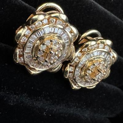 14K Gold Baguette & Round Diamond Earrings - Heavy