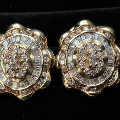14K Gold Baguette & Round Diamond Earrings - Heavy