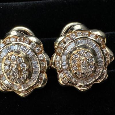 14K Gold Baguette & Round Diamond Earrings - Heavy